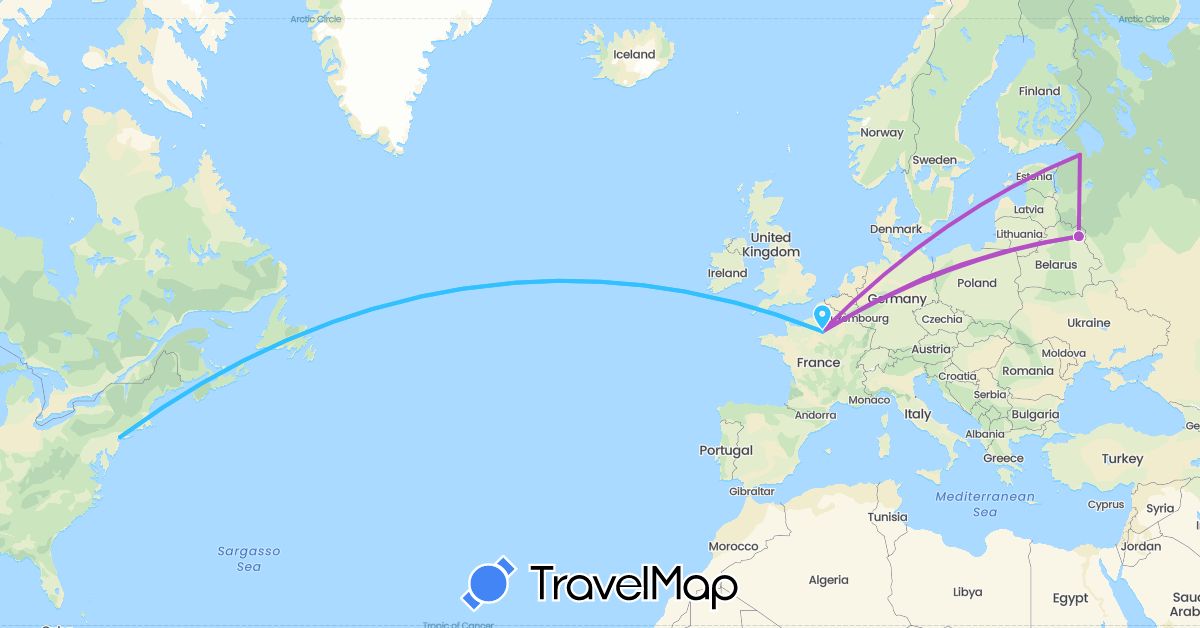 TravelMap itinerary: driving, train, boat in Belarus, Germany, France, Russia, United States (Europe, North America)